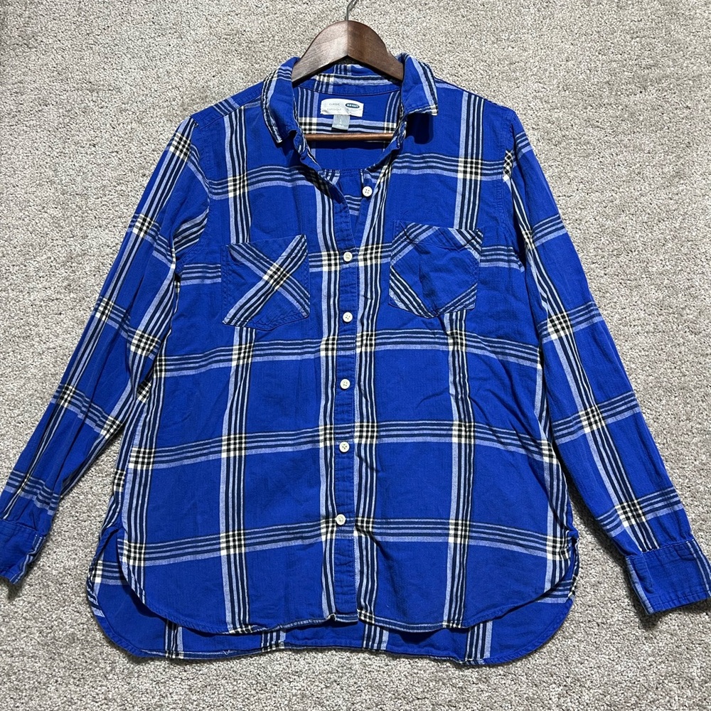Old Navy Woman’s Blue Plaid Long Sleeve Button Up Shirt Size Large